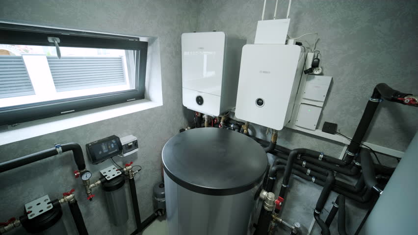 House boiler room interior with modern water heating system