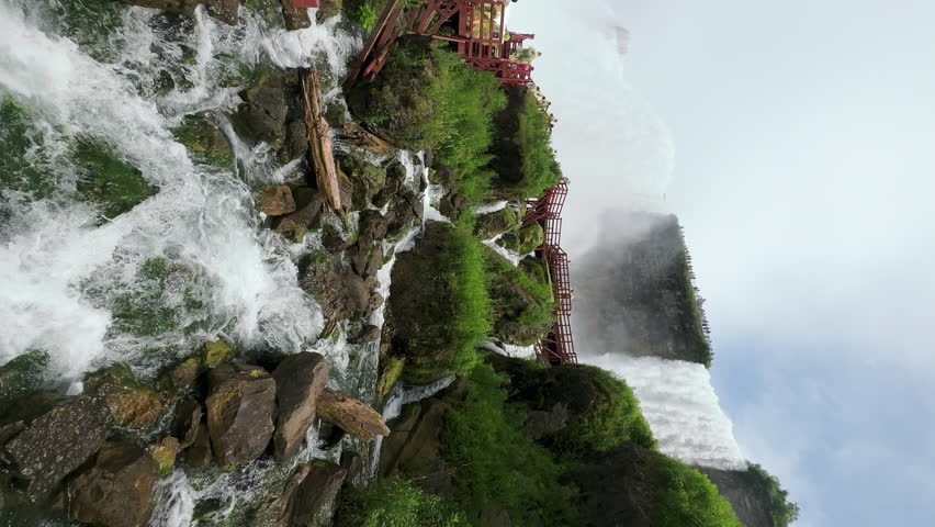Foamy streams running down the mountain and incredible Niagara falls, high staircase for tourists in raincoats and high cliff with people on it. Amazing natural sight. Vertical view