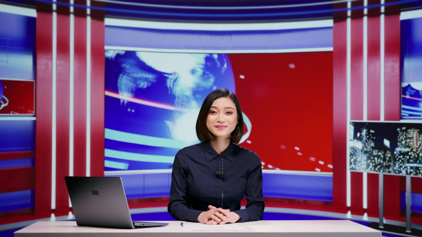 Asian presenter hosting news segment on live program, addressing all headlines in newsroom. Woman media journalist presenting breaking news and global events, television content newscast. Royalty-Free Stock Footage #1107192163
