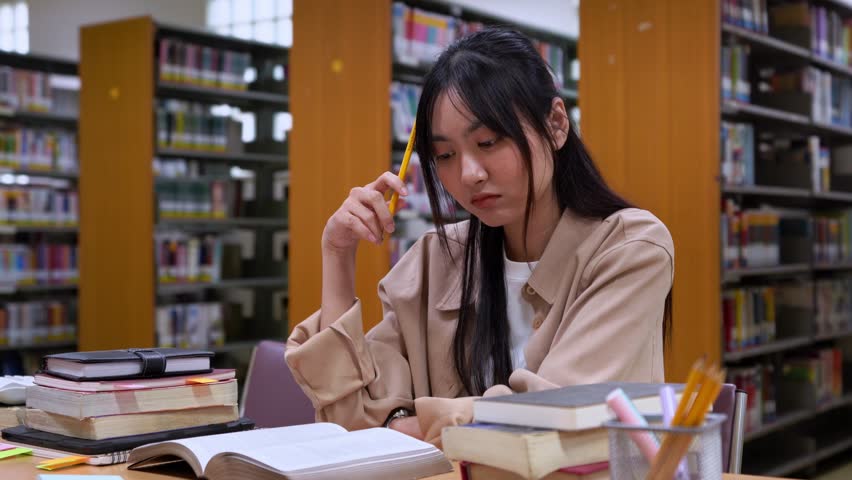 Asian women student sits in library, prepare for exam and making notes in notebook preparing for college test and finding information  with a serious face in college library. - Powered by Shutterstock - Get 15% off with code: PIKWIZARD15