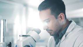 Science, research and microscope by man scientist in a laboratory for Pharma, analysis or innovation. Healthcare, analytics and guy scientific expert with data, sample or bacteria inspection in a lab - Powered by Shutterstock - Get 15% off with code: PIKWIZARD15