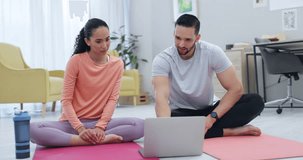 Fitness, laptop and couple high five in home for online tutorial for exercise, training and yoga. Sports video, celebrate and man and woman on computer for lesson for wellness, health and workout