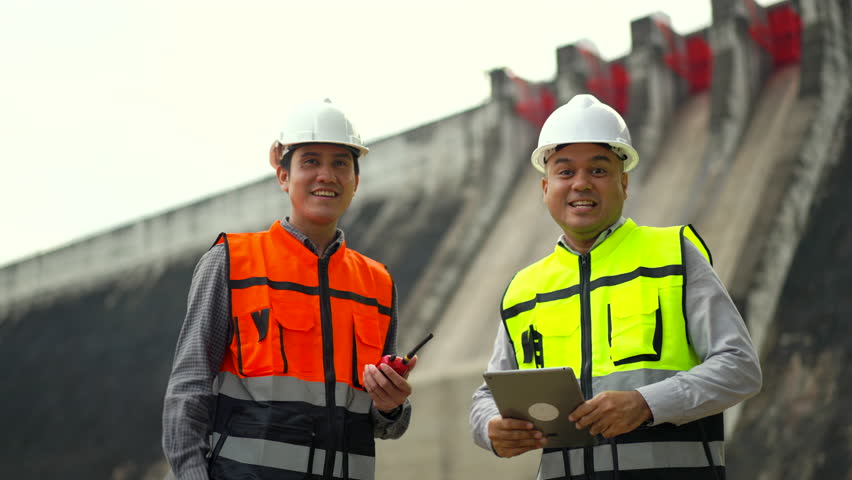 
Success moment asian two engineers man shake hands with safety helmet in construction site dam with hydroelectric power plant and irrigation. Team engineer man working at project big building.