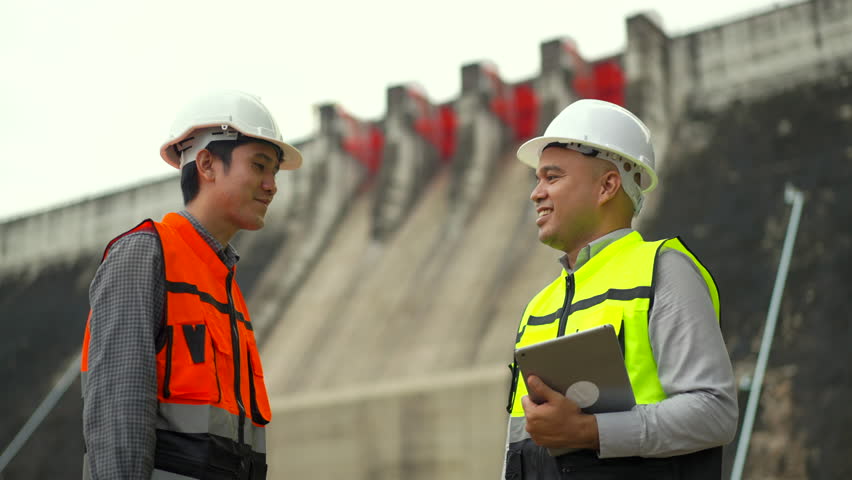 Success moment asian two engineers man shake hands with safety helmet in construction site dam with hydroelectric power plant and irrigation. Team engineer man working at project big building.