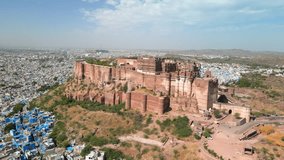 Jodhpur, India: Aerial view of city in Rajasthan, iconic landmark Mehrangarh Fort - landscape panorama of South Asia from above