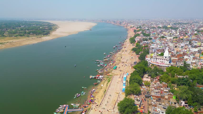 AERIAL view of Ganga river and Ghat in Varanasi India Royalty-Free Stock Footage #1107203907