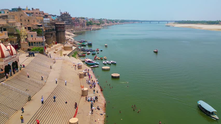AERIAL view of Ganga river and Ghat in Varanasi India Royalty-Free Stock Footage #1107203931