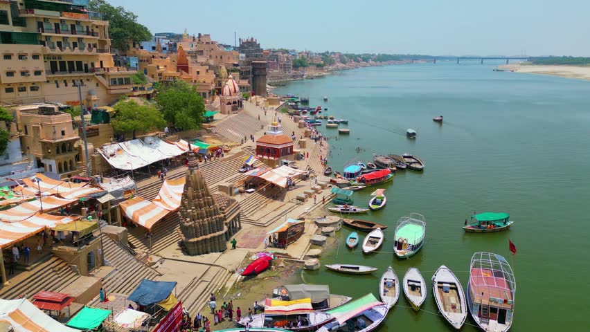 AERIAL view of Ganga river and Ghat in Varanasi India Royalty-Free Stock Footage #1107203933