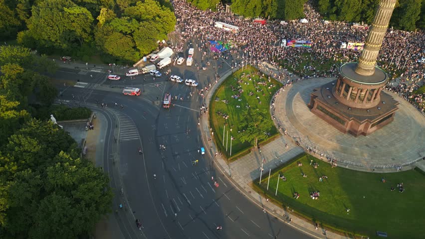 Spectacular aerial top view flight CSD Pride Parade 2023 Berlin Crowd Gay Party