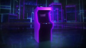 Retro arcade gaming, 3D rendering city streets lifestyle, template concept. Arcade machine cabinet rotating video loop, in a purple, neon retro, urban environment, with flashing lights, dust and smoke - Powered by Shutterstock - Get 15% off with code: PIKWIZARD15