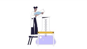 Black researcher pouring chemical into erlenmeyer flask line 2D animation. African american woman in lab coat 4K video motion graphic. Experiment linear animated cartoon flat concept, white background