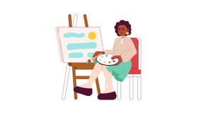 Black woman painting easel 2D character animation. Drawing workshop flat cartoon 4K video, transparent alpha channel. African american woman with paint brush animated person on white background