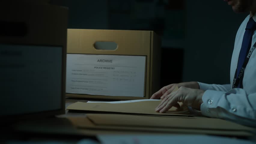 Police Inspector Looking Through Case Files Box, Murder Investigation Royalty-Free Stock Footage #1107215493