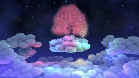 Magical pink tree with particles on colorful clouds in starry night. Flying through dreaming clouds at night. - Powered by Shutterstock - Get 15% off with code: PIKWIZARD15