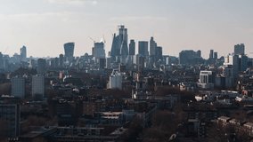 Square Mile, City of London, Establishing Aerial View Shot of London UK, United Kingdom, mid day, sunny