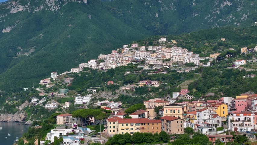 Panoramic view of Vietri sul Mare from Salerno, Italy, The Amalfitana is an Italian coastal road in the province of Salerno that leads from Meta di Sorrento to Vietri sul Mare, Beautiful view 