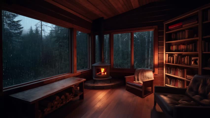Cozy Cabin with Fireplace, Rain and Beautiful Forest View Royalty-Free Stock Footage #1107228345
