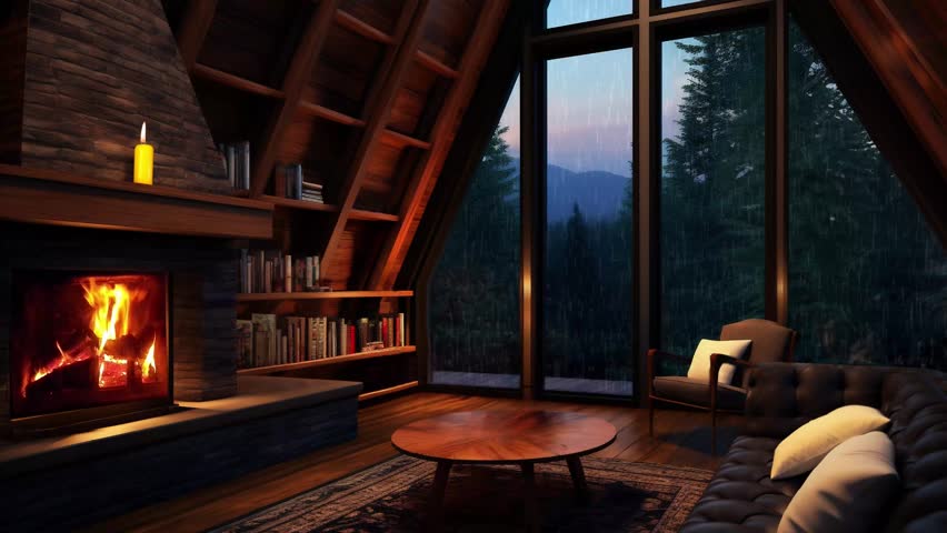 Cozy Cabin with Fireplace and Breathtaking Forest View Royalty-Free Stock Footage #1107228351