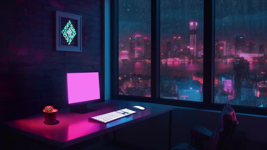 Night time office ambience, retro synthwave futuristic style room with rainy environment  Royalty-Free Stock Footage #1107228353