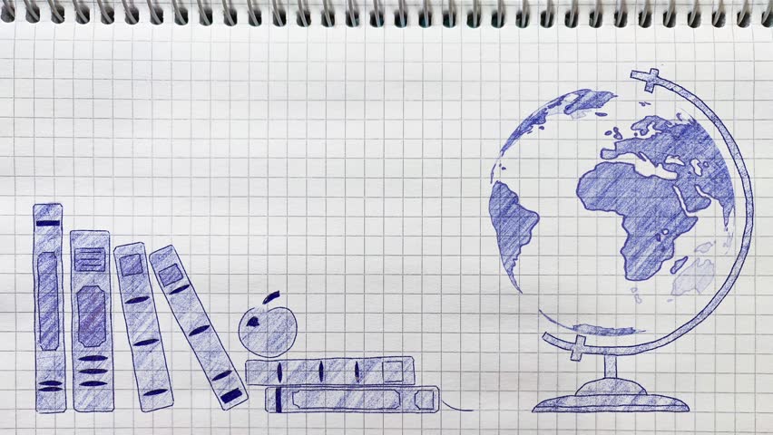 A rotating globe and school books are drawn with a ballpoint pen. Hand drawn and animated Back to School concept on a school notebook page. Royalty-Free Stock Footage #1107229685