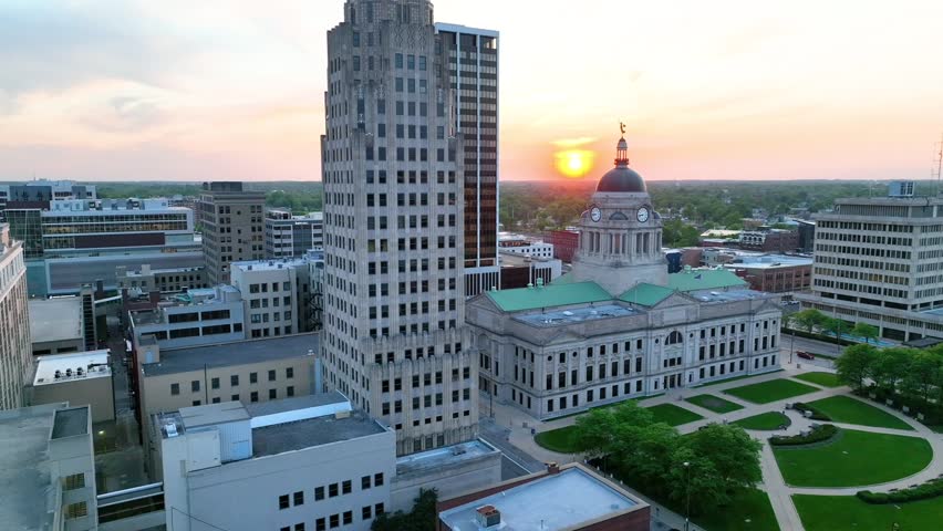 Slow pan aerial video of Allen County Courthouse at sunrise