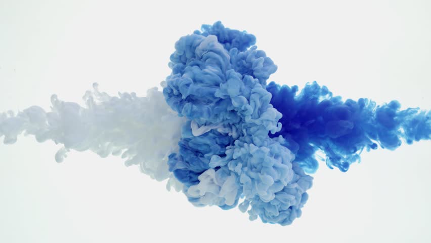 Blue paint splash each other in water against a white background, colored ink spreads and bursts like a colorful cloud, fluorescent lighting and natural glitter. Slow motion, 4K. Royalty-Free Stock Footage #1107232953