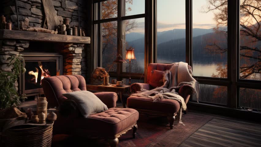Cosy, warm living room with a burning fireplace with rain outside the window. The concept of rest and relaxation Royalty-Free Stock Footage #1107237871