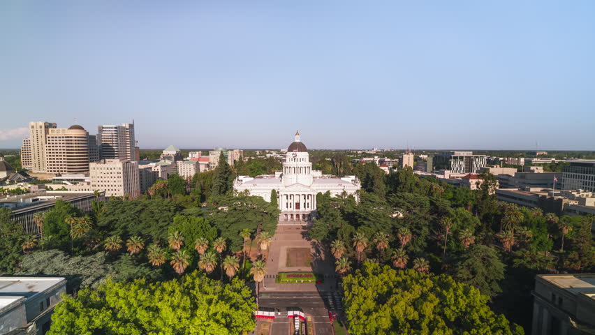 Establishing Aerial View Shot of Sacramento CA, California State Capital, California, USA, State Capitol, beautiful day, track in, cinematic super wide shot