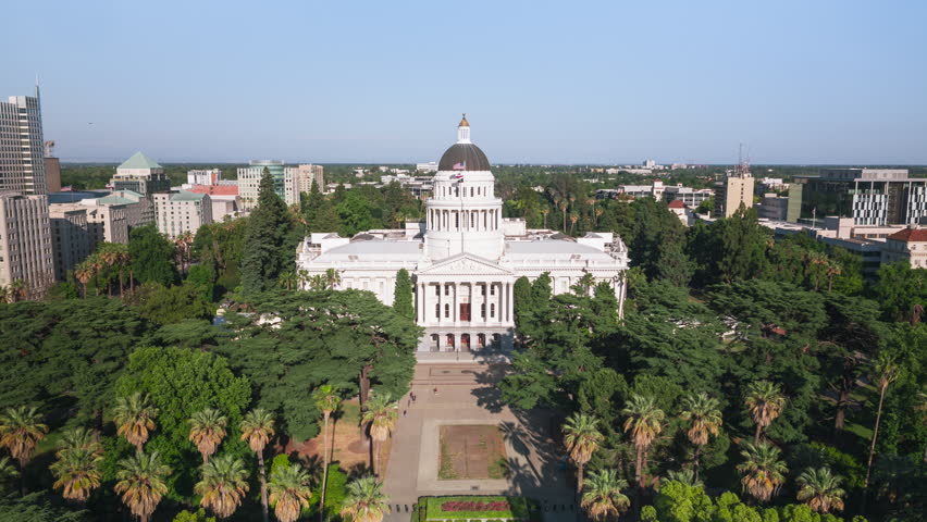 Establishing Aerial View Shot of Sacramento CA, California State Capital, California, USA, State Capitol, beautiful day, track in