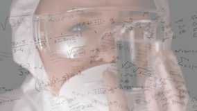 Animation of mathematical equations over caucasian female scientist holding a beaker at laboratory. Medical research and science technology concept - Powered by Shutterstock - Get 15% off with code: PIKWIZARD15