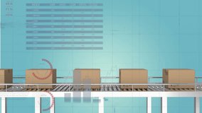 Animation of statistical data processing over delivery boxes on conveyer belt on blue background. Business data and logistics business concept - Powered by Shutterstock - Get 15% off with code: PIKWIZARD15