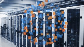 Animation of icons forming rotating globe and connected dots with numbers over server room. Digital composite, multiple exposure, communication, globalization, data center, networking concept. - Powered by Shutterstock - Get 15% off with code: PIKWIZARD15