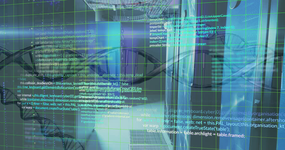 Animation of computer language and dna helixes over server room. Digital composite, molecule, anatomy, medical, healthcare, data center, networking, technology and network server concept.