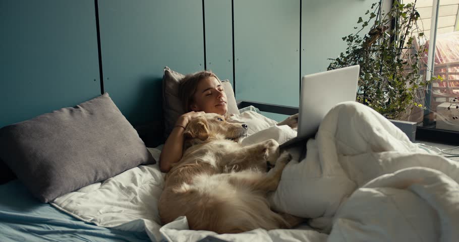 A blonde girl lies on the bed with her dog and watches a movie on a laptop in the morning. Holidays with pets Royalty-Free Stock Footage #1107245805