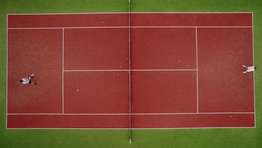 Friends play tennis on carpet courts outdoors. Aerial, top down, drone shot. A friends play tennis in weekend day. Sunday activity for recreation. Tennis match. Active leisure game. Royalty-Free Stock Footage #1107246973