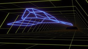 Retro 1980s tunnel animation with starship silhouette - seamless loop. synthwave glowing neon lights landscape. Space base. Background for music video. Video games. Old style