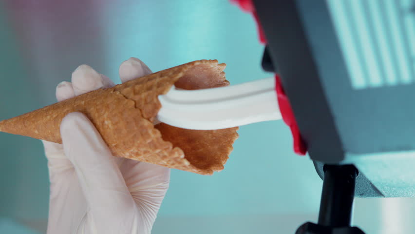 Close-up of filling a waffle cup with ice cream in slow motion. A woman holds a waffle cup in her hand in which ice cream is filled close-up
