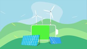 Green energy animation with battery, solar panels, wind turbine on green flat design background. Clean electric energy from renewable sources. - Powered by Shutterstock - Get 15% off with code: PIKWIZARD15