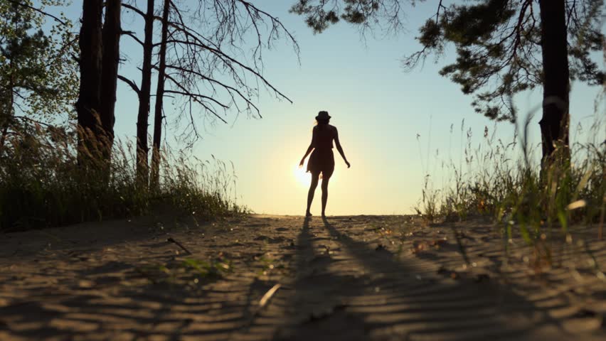 Silhouette of happy romantic girl dancing against the backdrop of a huge bright sun
