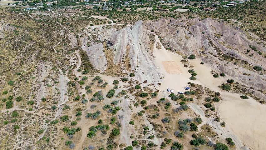 Vasquez Rocks, famous filming location just outside of Los Angeles, California featuring distinct rock formation. Aerial drone