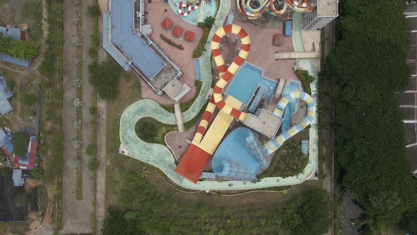 Aerial flyover: Few visitors at Splash Out Waterpark in Kuah, Langkawi