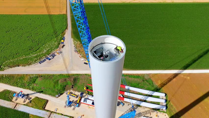Technician At Work Inside The Tower Of A Wind Turbine During Erection At Wind Farm In Austria. aerial pullback