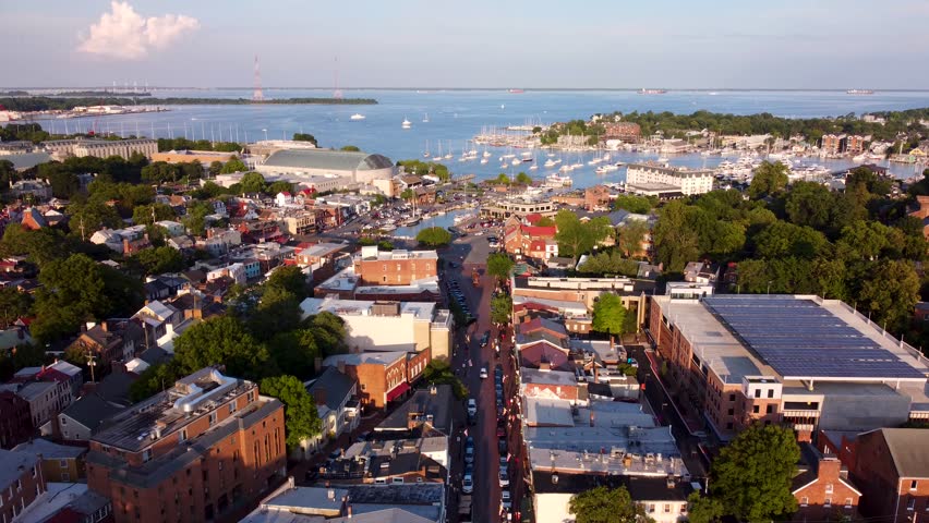 A 4k aerial video of Duke of Gloucester Street in downtown Annapolis Maryland.