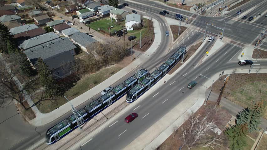 An aerial video of cars on the road and buildings in Edmonton, Alberta, Canada