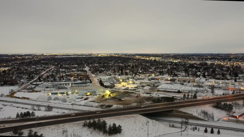 A beautiful aerial winter view of the Edmonton city expressway during the twilight