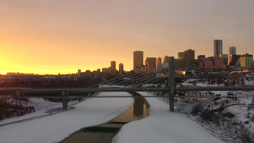A drone view of the Tawatina Bridge over the North Saskatchewan river in Edmonton during a sunset