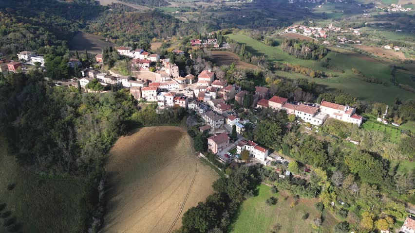 A high-angle view of the medieval village of Collbordolo in the province of Pesaro Urbino Marche