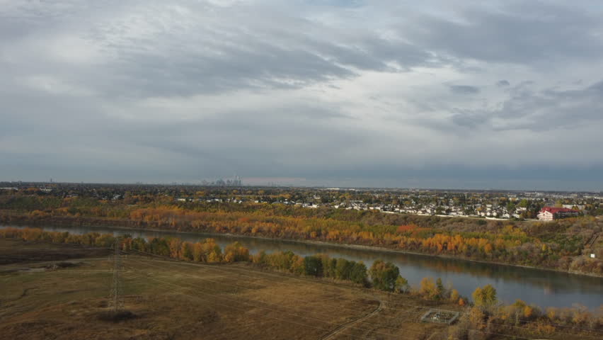AN aerial view of a the North Saskatchewan river near Edmonton during fall, Alberta