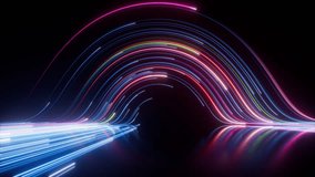Abstract black background with pink and blue neon glowing lines that move into the distance, curve and fade away. 3d render motion speed of light and hypertunnel. Movement from left to right. - Powered by Shutterstock - Get 15% off with code: PIKWIZARD15