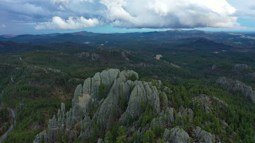 Flying over the jagged peaks of the Black Hills in South Dakota